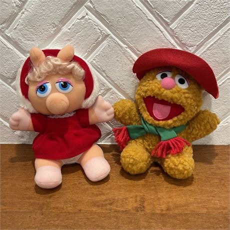 1987 Plush Fozzie Bear and Miss Piggy Baby Christmas Muppets