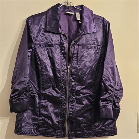 CHICO'S Purple Satin Jacket with Ruched Sleeves