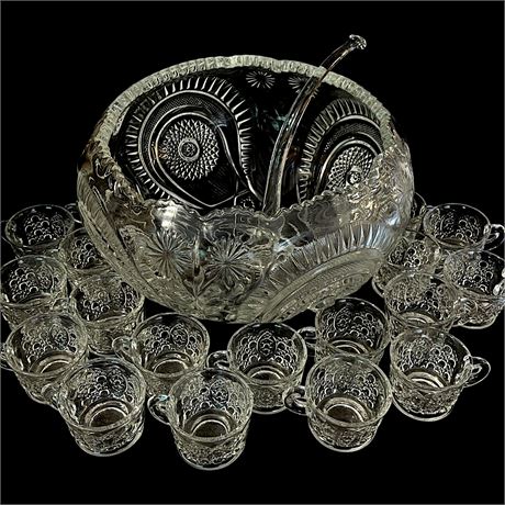 20pc L.E. Smith Glass "Pinwheel & Stars" Punch Bowl, Serving Spoon & Cups Set