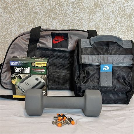 Nike Duffle, Igloo Lunchbox, 10lb Weight, Lazer Rangefinder, & Dummy Rounds