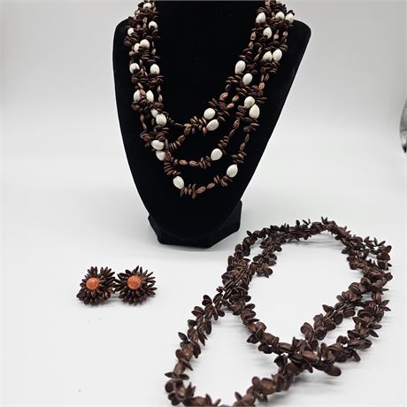 (2) Vintage Koa Seed Hawaiiana Necklaces and Pair of Earrings