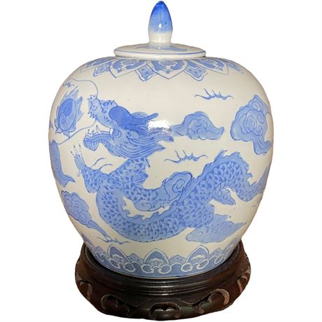 Oriental Chinoiserie Hand-Painted Ceramic Lidded Melon Jar on Wooden Base