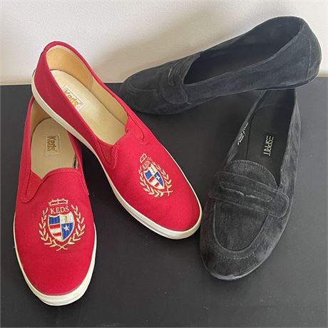 2 Pair of Vintage Size 9 Shoes - Keds Slip-ons and Esprit Suede Penny Loafers