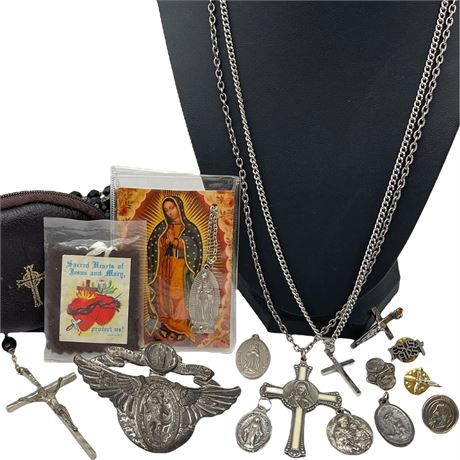 Vtg Silver Toned Religious Jewelry w/ Rosary and Prayer Badge