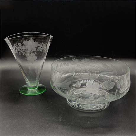Vintage Floral Etched Crystal Glass Serving Bowl and Footed Vase (not matching)