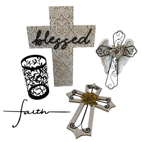Black Metal & White Washed Wood Decorative Lot w/ Crosses and More
