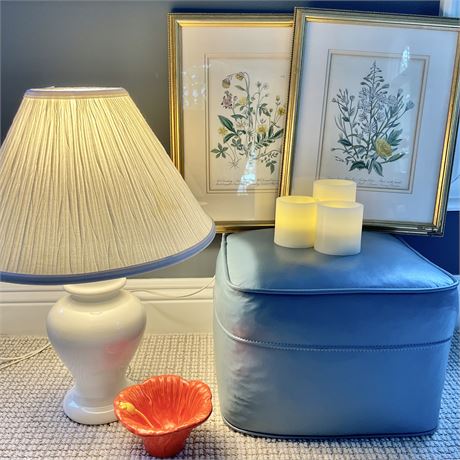 Decorative Lot w/ Ottoman, Lamp, Flameless Candles, Framed Prints & Trinket Dish