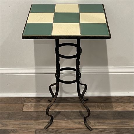 Vintage Checkered Tile and Wrought Iron Plant Stand