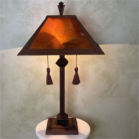 Mission Style Bronze and Amber Table Lamp