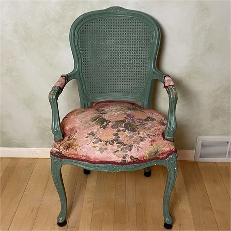 Vintage Floral Upholstered Cane-Back Arm Chair