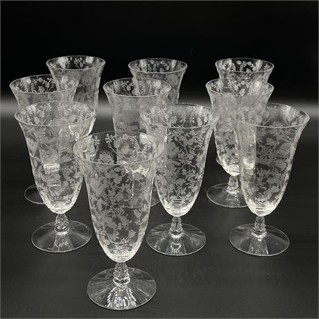 Set of 10 Floral Etched Crystal Goblets