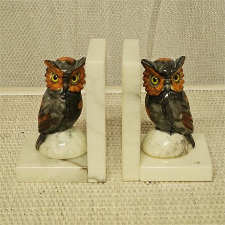 Handcarved/Painted Italian Alabaster Owl Bookends