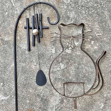 Shepards Hook Windchime with Cast Iron Cat Plant Holder