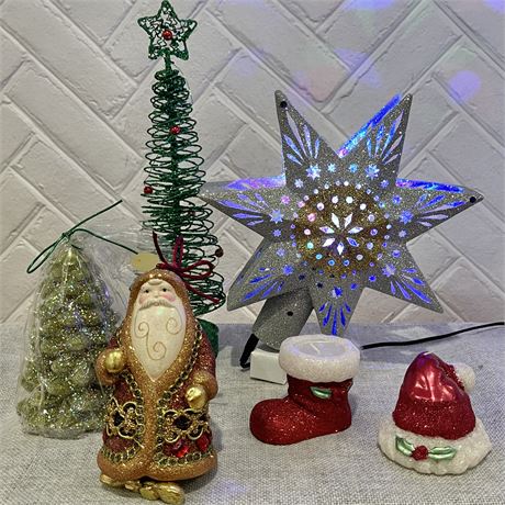 Glittery Christmas Decor w/ Lighted Star Tree Topper, Candles & More