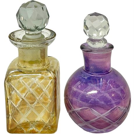Vtg Cut Glass Perfume Bottles w/ Faceted Stoppers