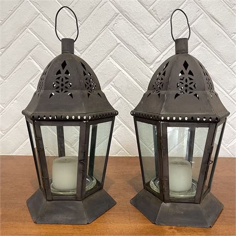 Pair of Vtg Pierced Metal Glass Paneled Lanterns