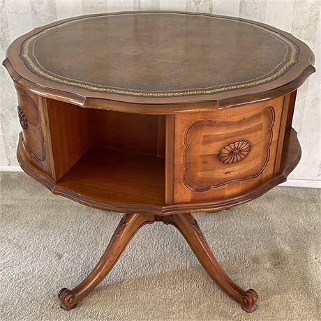 Vtg Duncan Phyfe Style Leather Top Rotating Library Drum Table