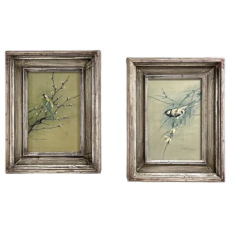 Pair of Vintage Signed Basil Ede Framed Bird Prints - "Great Tit" & "Blue Tit"