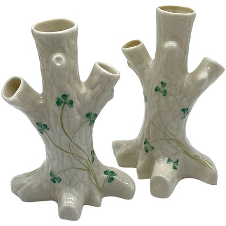 Pair of Vtg Belleek Shamrock Tree Trunk Bud Vases - 6th Mark and 7th Mark