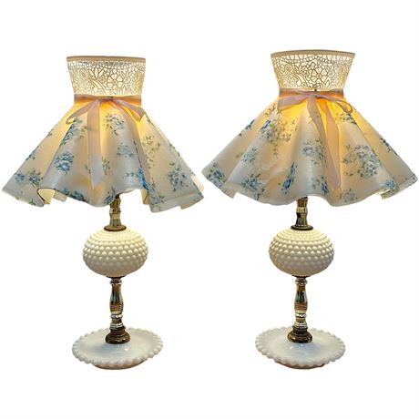 Pair of Hobnail Milk Glass Table Lamps w/ Ruffled Fabric Shades
