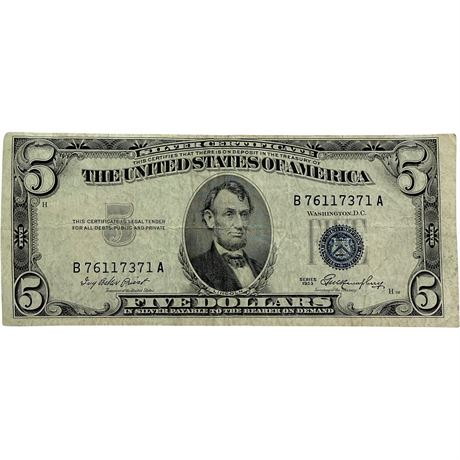 1953 Off-Center $5 Blue Seal Silver Certificate