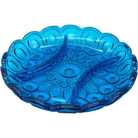Vtg L.E. Smith 'Moon and Stars' Blue Glass Divided Relish Dish