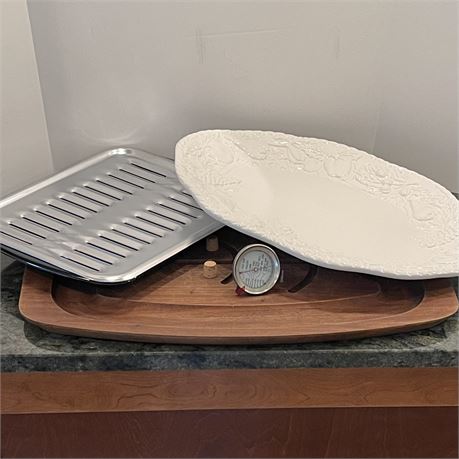 Goldmark Teak Carving Tray w/ Serving Tray, Broiler Pan and Meat Thermometer