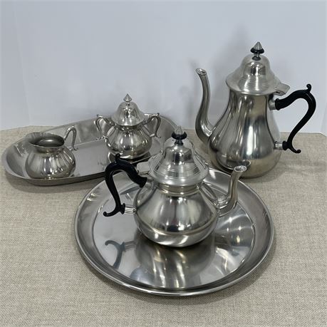 Vintage Pewter Royal Holland Sleepy Hollow Restorations Tea Set w/ Oneida Trays