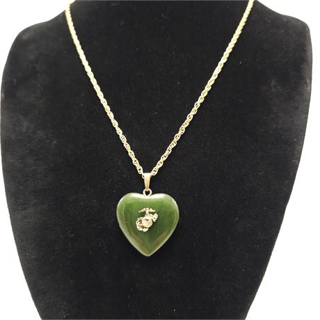 Green Jade Heart w/Goldtone Marine Corp Symbol Necklace
