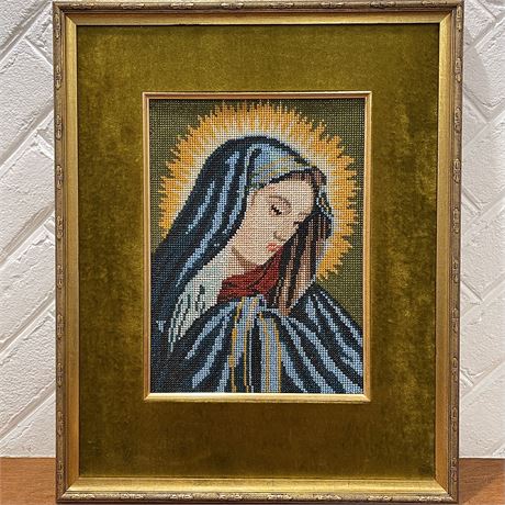 1986 Carlo Dolci Hand-Embroidered Beaded Madonna Framed Art