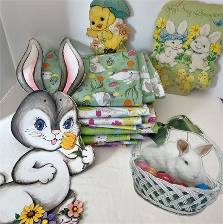 Vtg Easter / Spring Cardboard Cutouts & Plastic Table Cloths