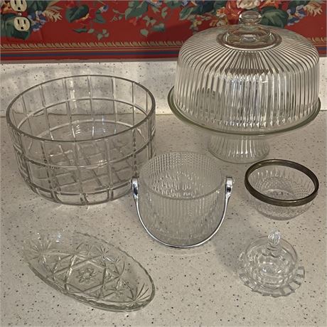 Bundle of Clear Glass Serving Dishes with Lidded Cake Stand and More