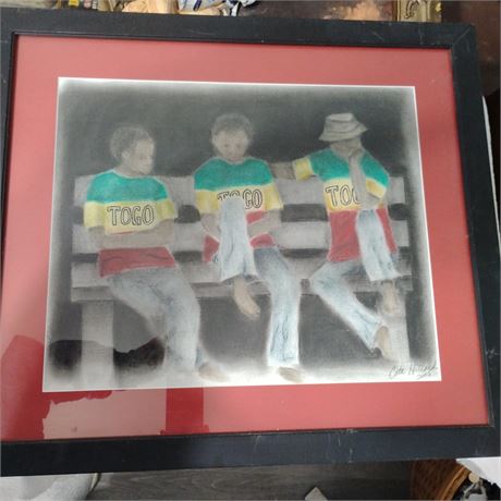 Framed watercolor painting that depicts three men sitting on a bench.   The men