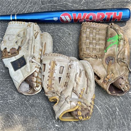 (3) Baseball Gloves and Baseball Bat