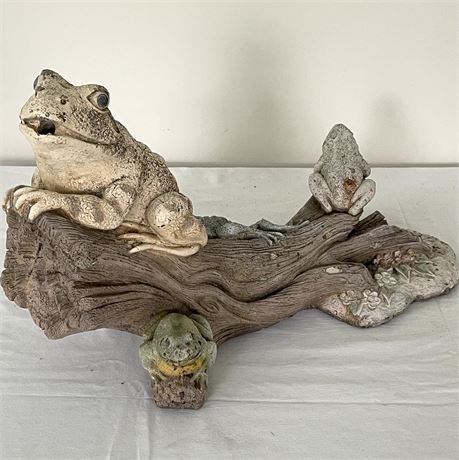 Cement Frogs on Log Garden Decor