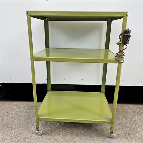 Vintage avocado green metal kitchen cart on caster wheels w/attached outlet
