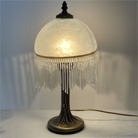 Vintage Boudoir Lamp with Frosted Glass Dome Shade and Beaded Fringe