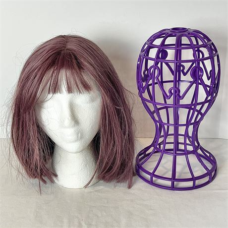 Purple Straight Mid-Length Bob Synthetic Wig w/ Short Feathered Bangs and Stand