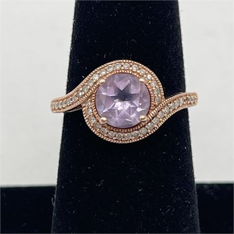 10K Rose Gold Purple Amethyst Lined Diamond Band Ring
