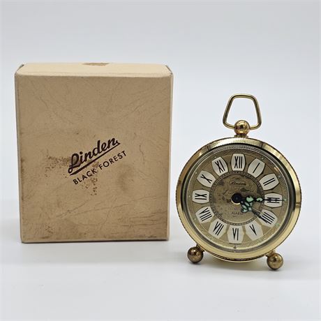 Rare 4" Linden Brass Wind Up Alarm Clock Marked Germany in Original Box