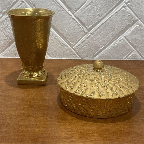Vintage 22k Weeping Bright Gold Lidded Candy Dish and 22k Stouffer Vase