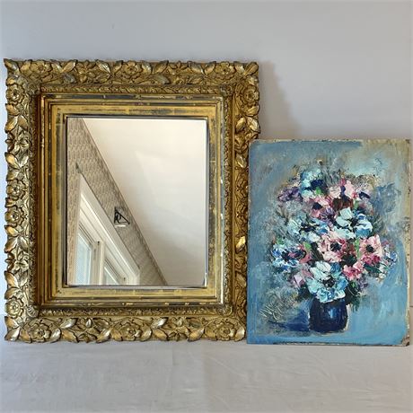 Antique Ornate Gold Gilt Framed Wall Mirror & Original Still Life Oil Painting