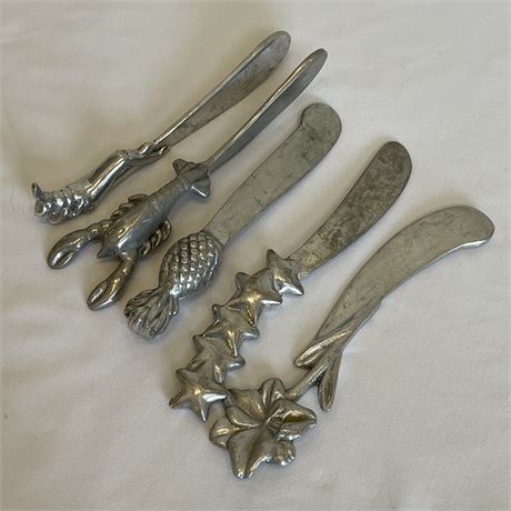 Vintage Mariposa Aluminum Spreader Knives with Unique Character Handles