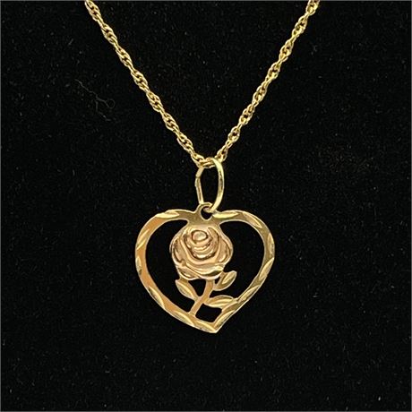 14K Italian Gold Chain with Heart & Rose Pendant