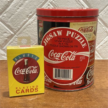 1993 Coca-Cola 700 Pc Jigsaw Puzzle Advertising Tin w/ Coca-Cola Playing Cards