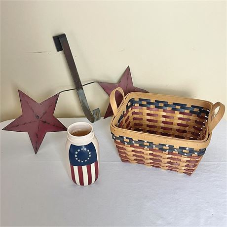 Patriotic Basket, Painted Glass Jar and Double Metal Star Door Wreath Hanger