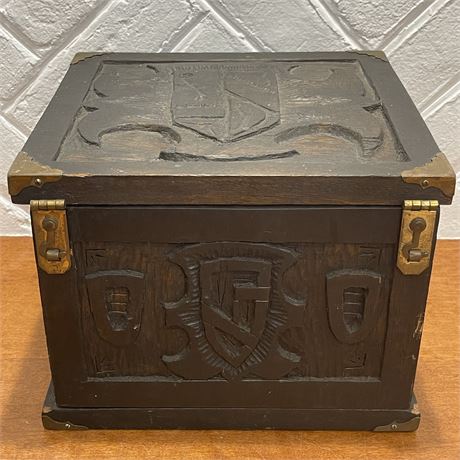 Old Carved Wooden Keepsake Box with Brass Accents