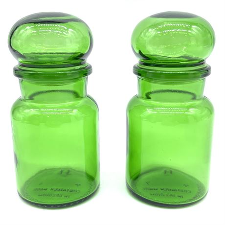 Pair of Vintage Retro Apothecary Green Glass Jars with Rounded Lids - Belgium