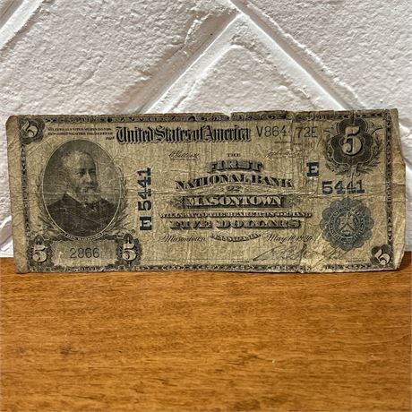 1902 Pair Serial Number $5 Blue Seal National Bank of Masontown Pennsylvania