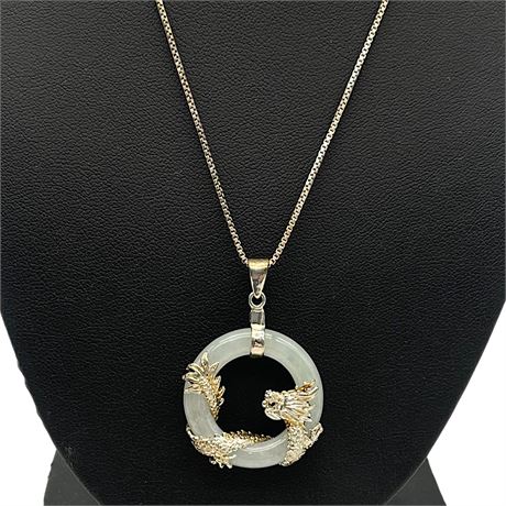 DBJ Sterling Silver Jade Stone Dragon Motif Pendant on DBJ Sterling Silver Chain